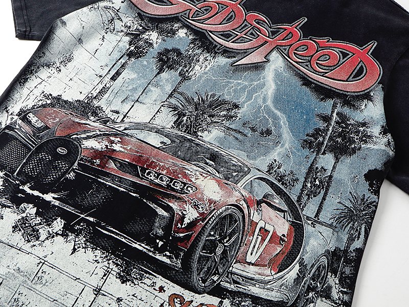 Godspeed Super Run Sunday Car Graphic Short-Sleeve T-Shirt — detail