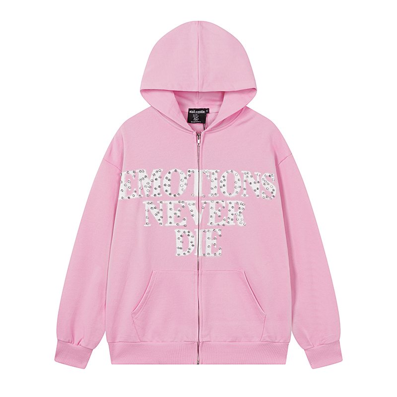 MIXED EMOTION Pink Rhinestone Zip Hoodie — front