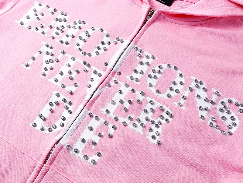 MIXED EMOTION Pink Rhinestone Zip Hoodie — detail