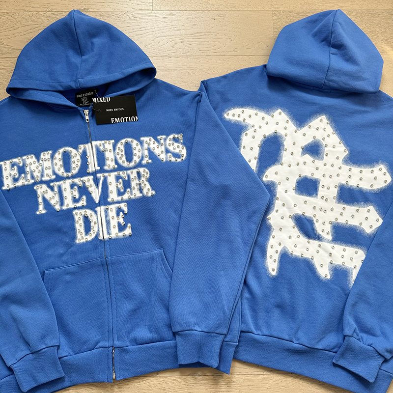 MIXED EMOTION Blue Rhinestone Zip Hoodie — context
