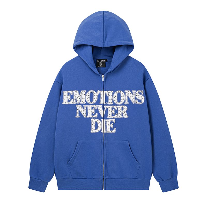 MIXED EMOTION Blue Rhinestone Zip Hoodie — front