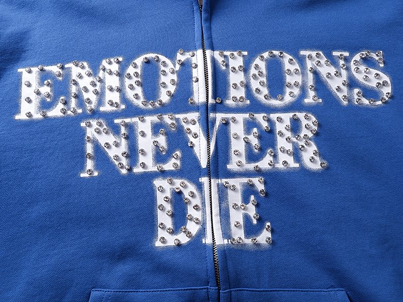 MIXED EMOTION Blue Rhinestone Zip Hoodie — detail