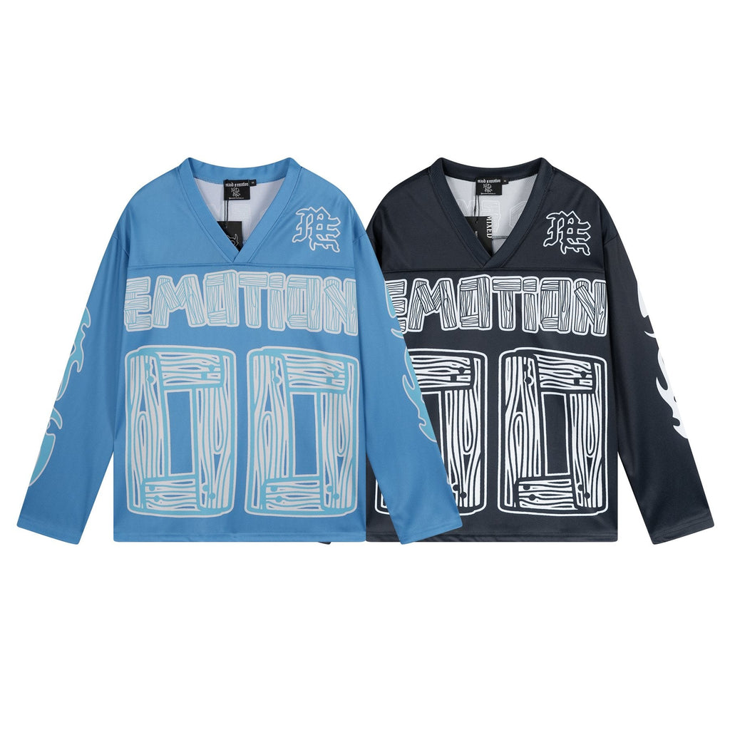 MIXED EMOTION V-Neck Jersey-Style Long-Sleeve T-Shirt — comparison