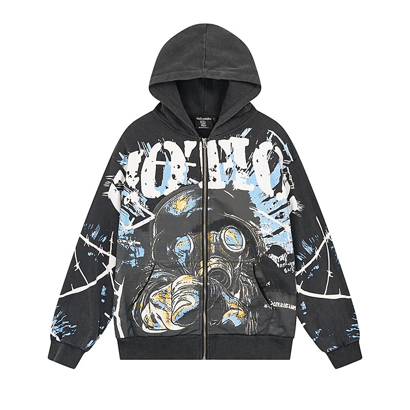MIXED EMOTION Washed Black Graphic Zip Hoodie — hero