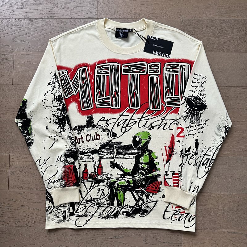 MIXED EMOTION Cream Graffiti Graphic Long-Sleeve T-Shirt — front