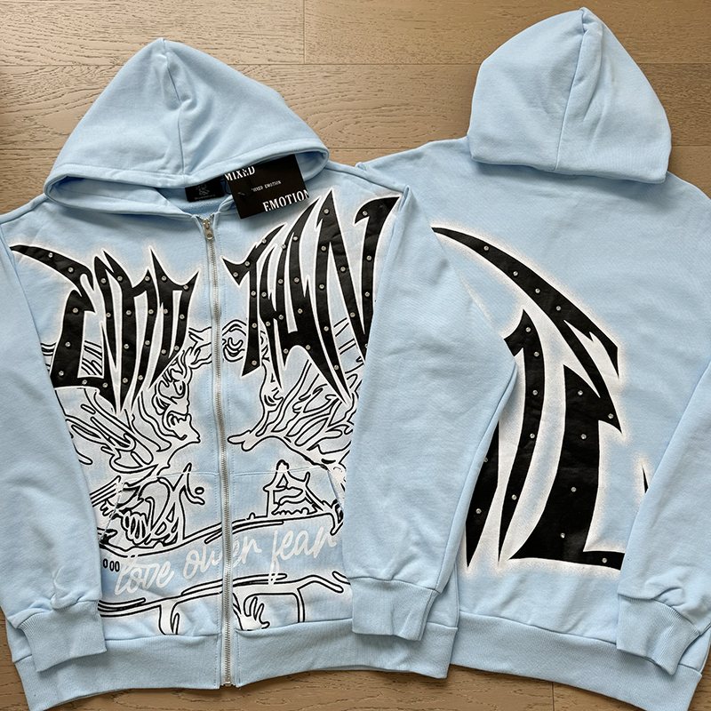 MIXED EMOTION Rhinestone Graphic Full-Zip Hoodie — front