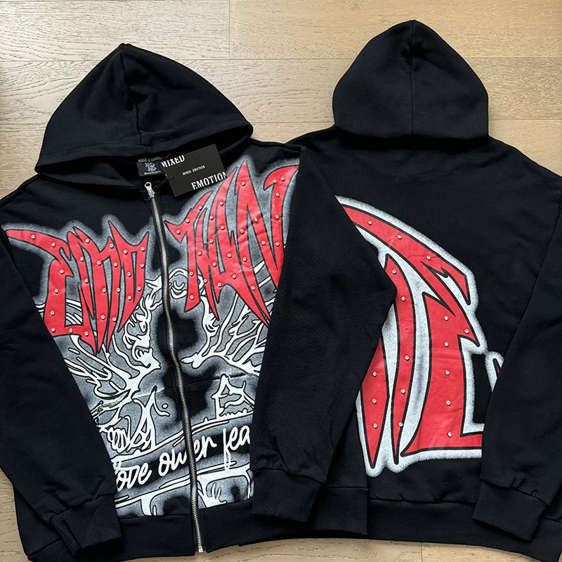 MIXED EMOTION Rhinestone Graphic Full-Zip Hoodie — front