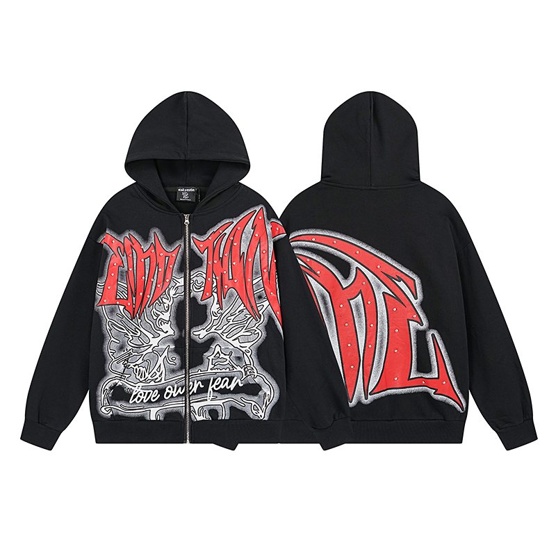 MIXED EMOTION Rhinestone Graphic Full-Zip Hoodie — front