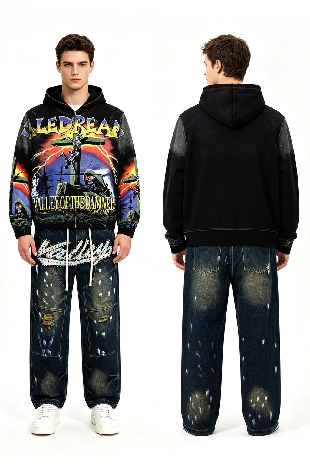 VALE USA Valley of the Damned Skeleton Graphic Zip Hoodie — context