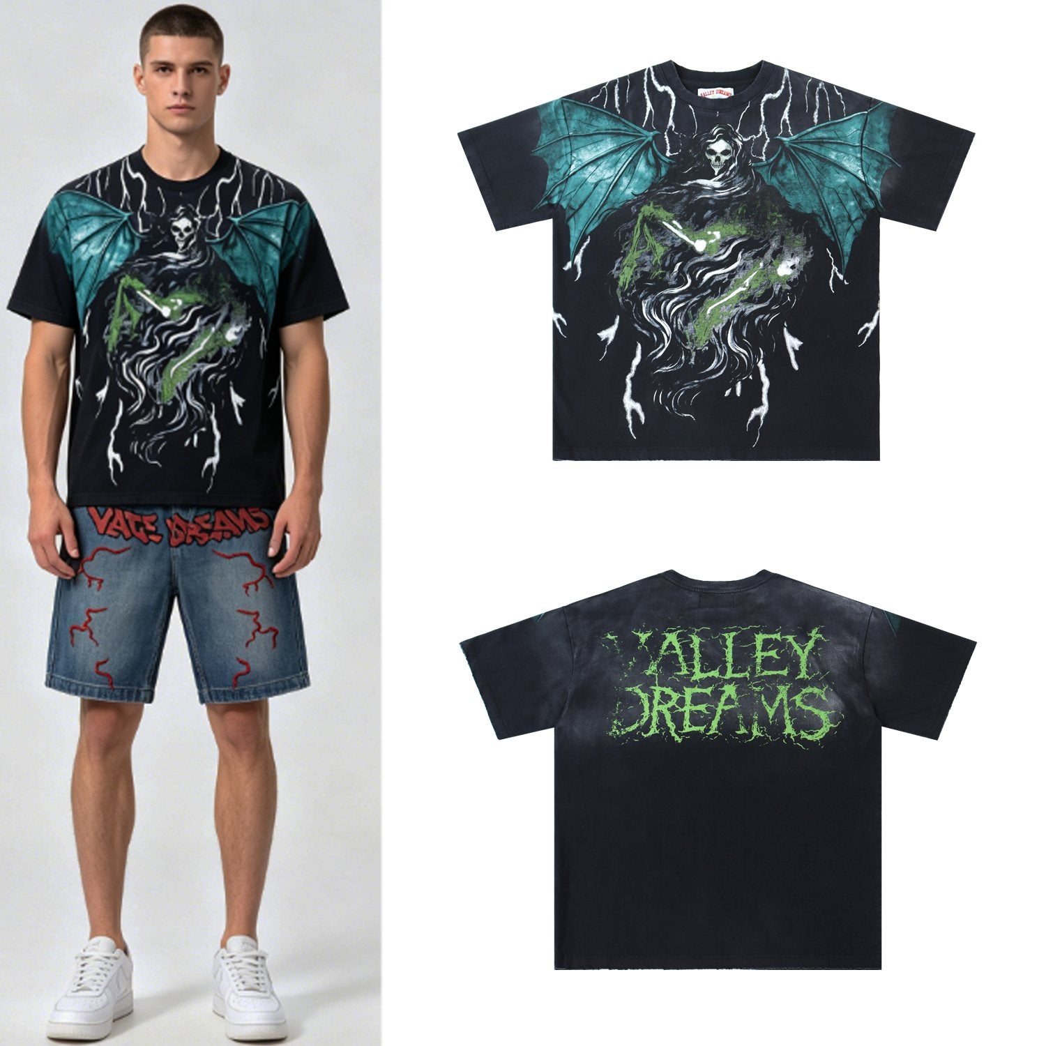 Valley Dreams Gothic Bat Skull Graphic T-Shirt — context