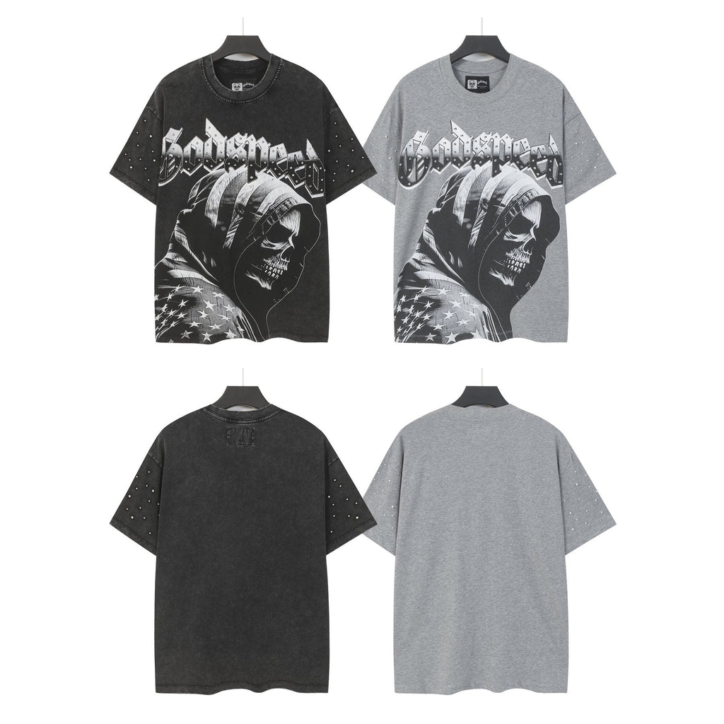 Godspeed Hooded Skull Graphic Studded-Sleeve T-Shirt — comparison