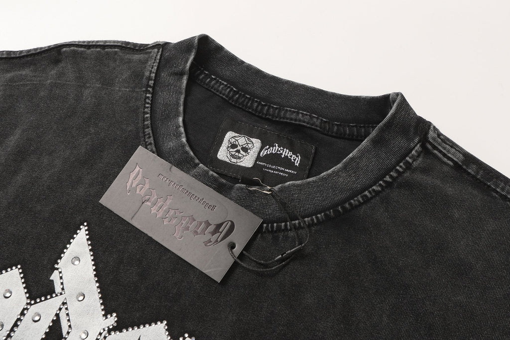 Godspeed Hooded Skull Graphic Studded-Sleeve T-Shirt — hang_tag