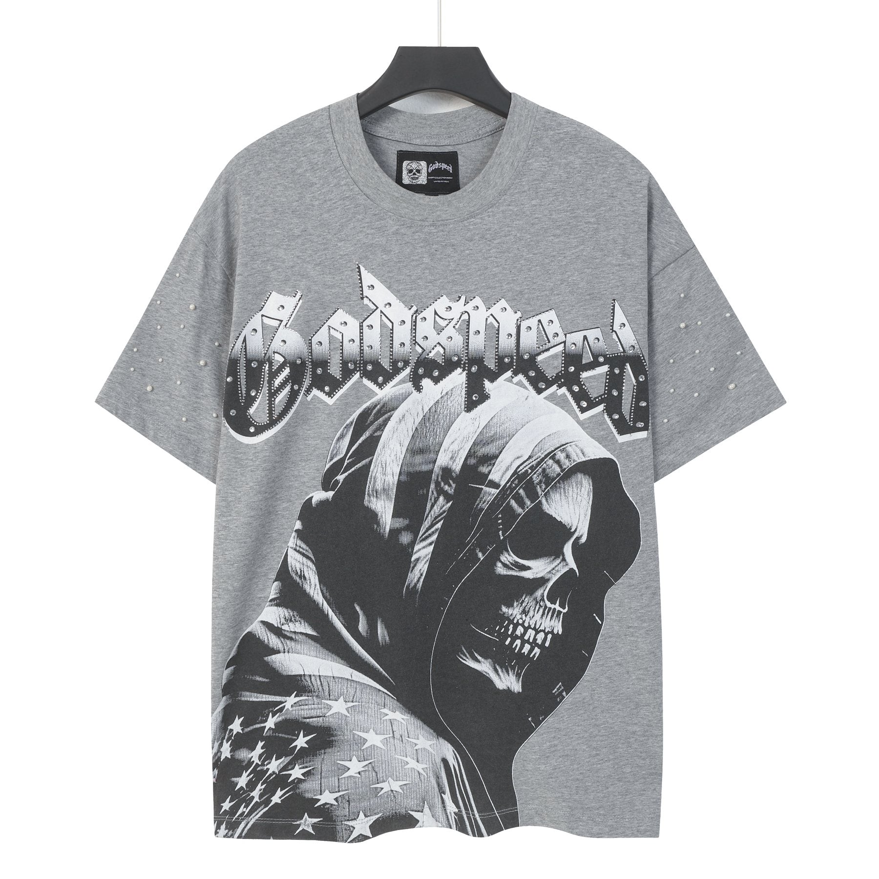 Godspeed Hooded Skull Graphic Studded-Sleeve T-Shirt — front