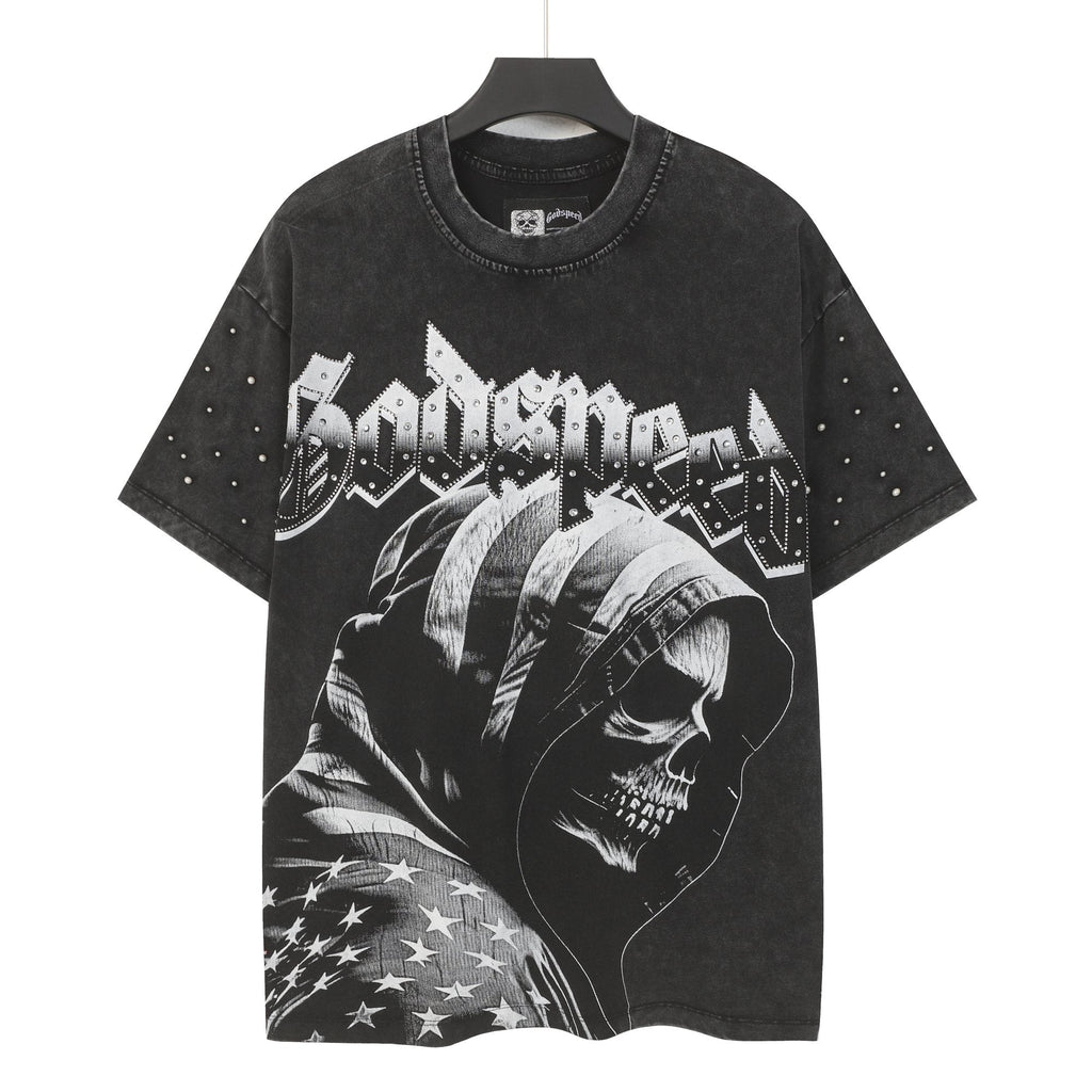 Godspeed Hooded Skull Graphic Studded-Sleeve T-Shirt — hero