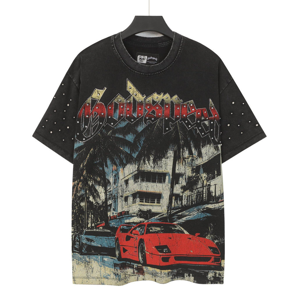 Godspeed Car & Building Graphic Studded-Sleeve T-Shirt — hero