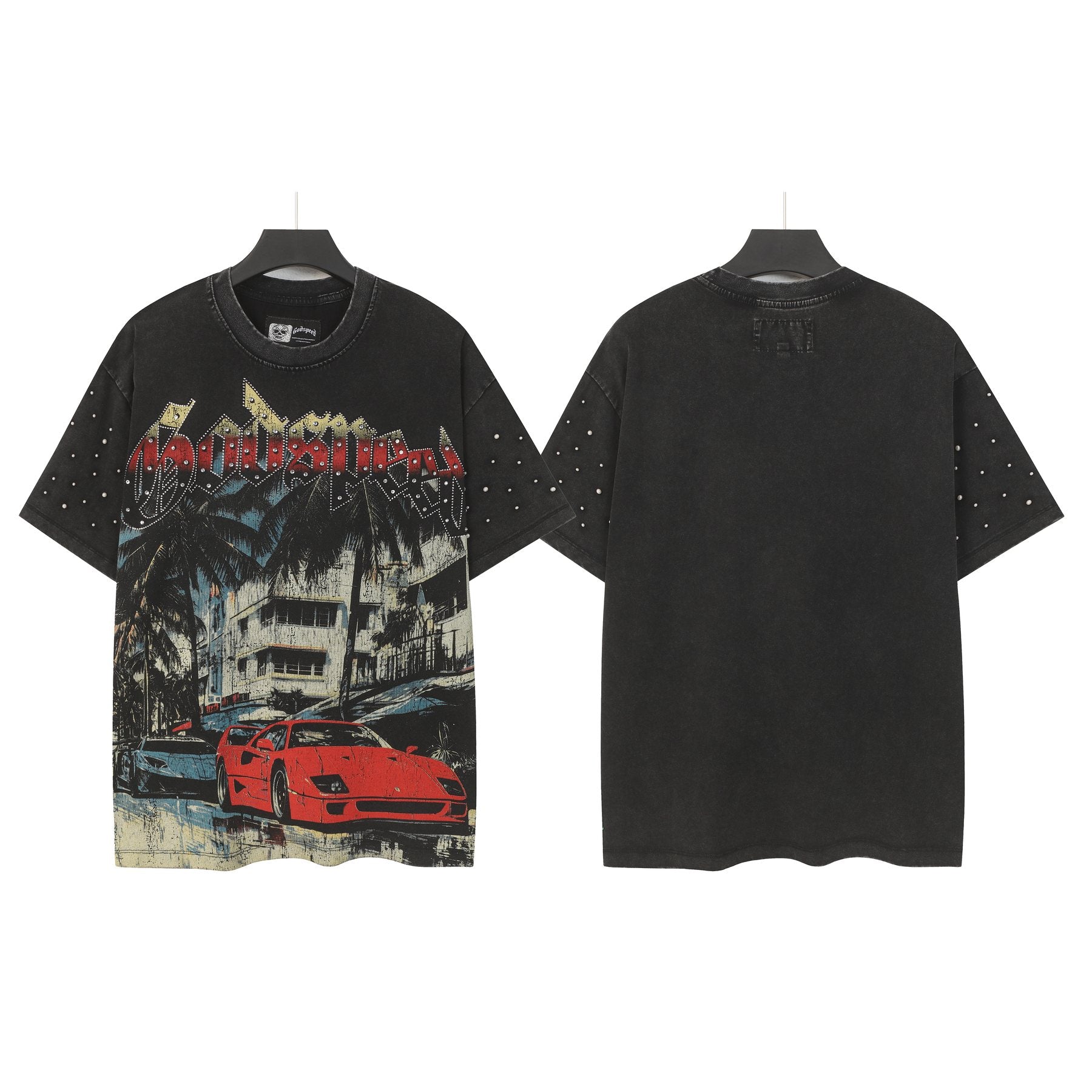 Godspeed Car & Building Graphic Studded-Sleeve T-Shirt — front