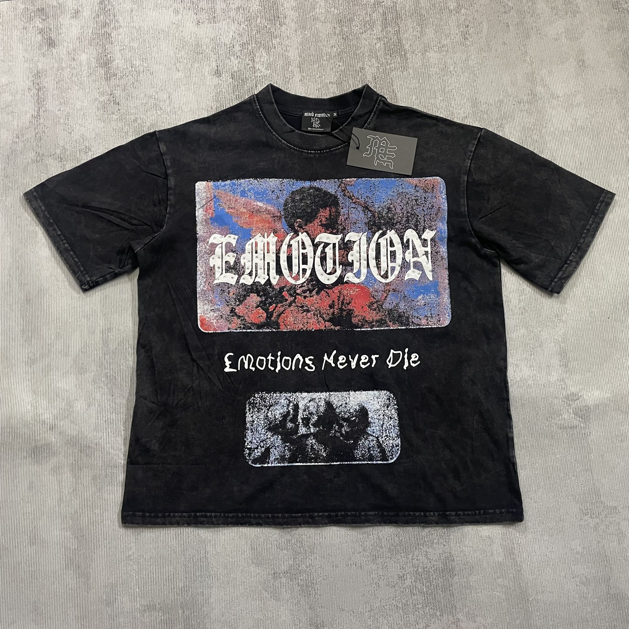 MIXED EMOTION Rhinestone Graphic Acid-Wash T-Shirt — hero