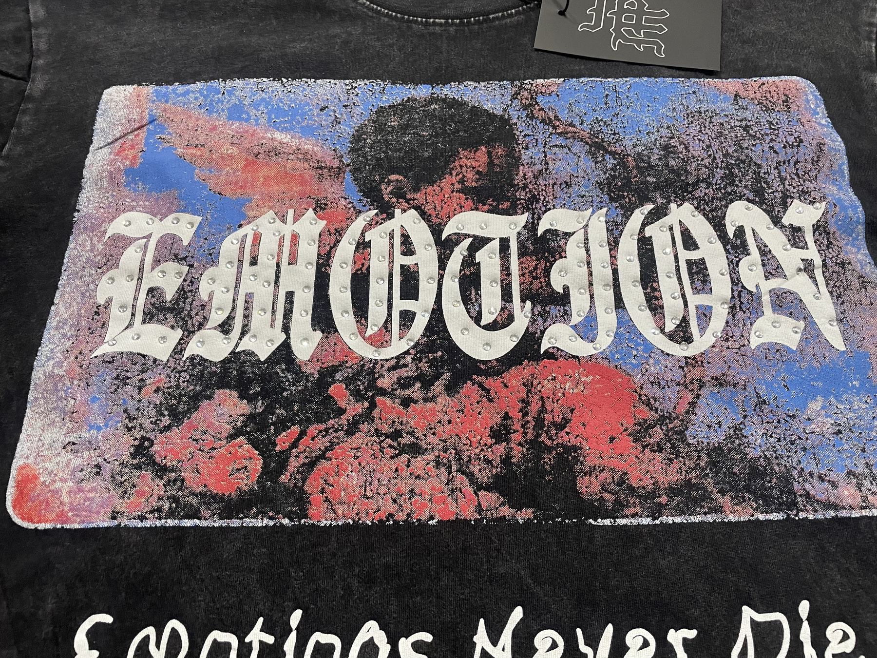 MIXED EMOTION Rhinestone Graphic Acid-Wash T-Shirt — detail