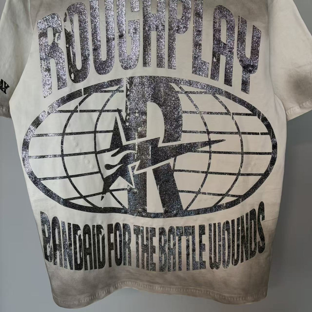 Rough Play Off-White Washed Rhinestone Graphic T-Shirt — detail