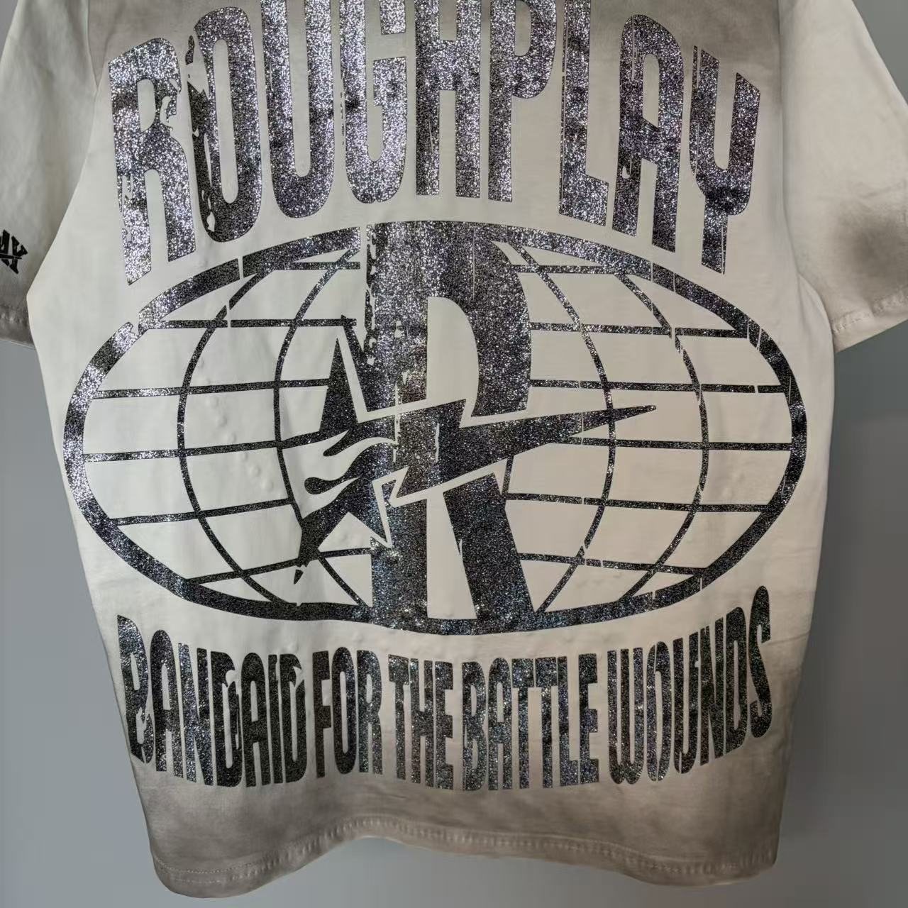 Rough Play Off-White Washed Rhinestone Graphic T-Shirt — detail