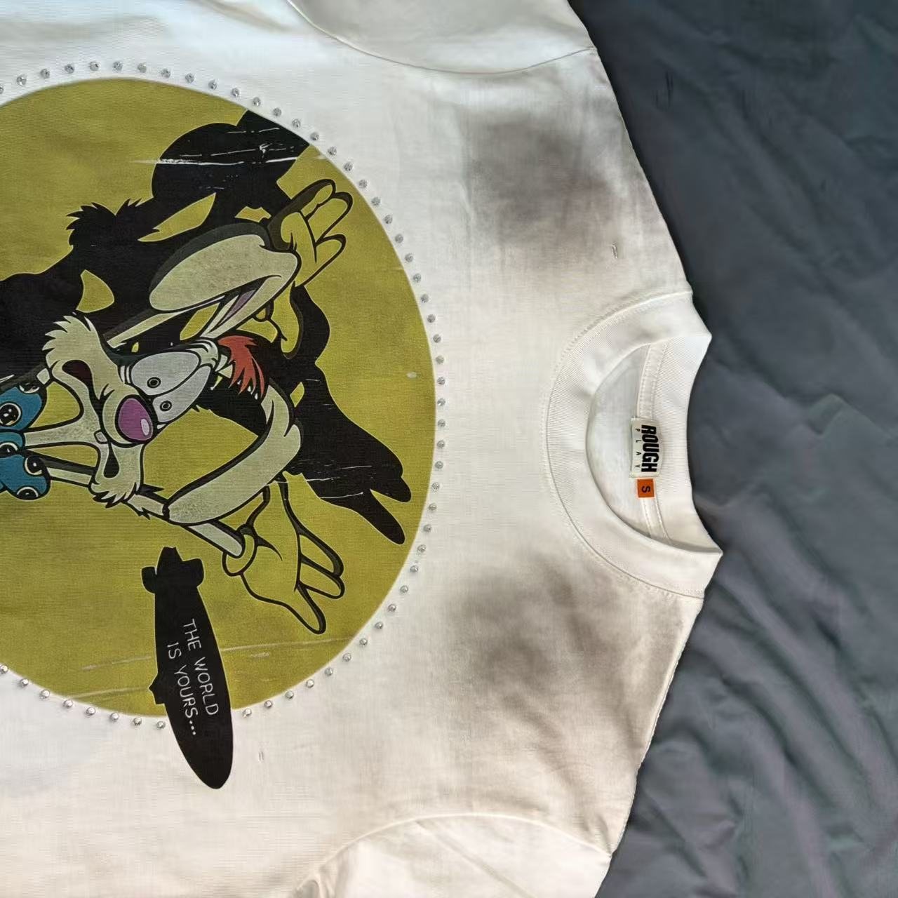 Rough Play Off-White Washed Rhinestone Graphic T-Shirt — detail