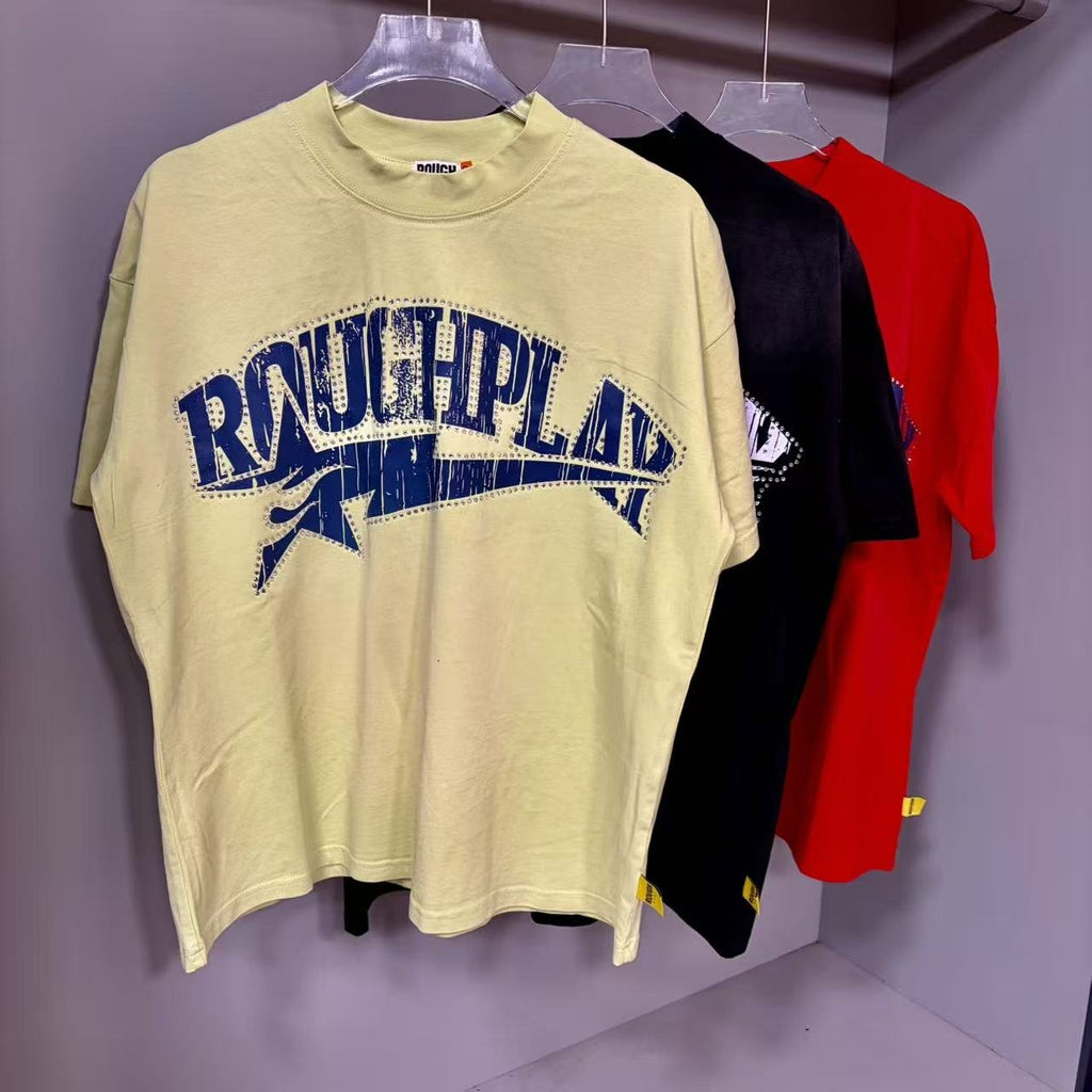 Rough Play Rhinestone Letter Graphic T-Shirt — front