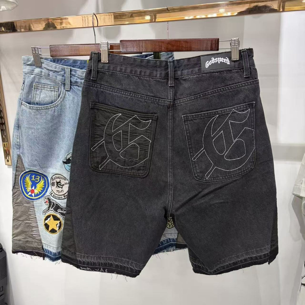 Godspeed Fear No One Patch Denim Shorts — back