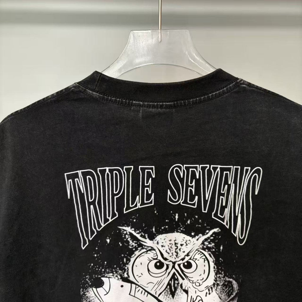 TRIPLE SEVENS Washed Black Front & Back Graphic T-Shirt — detail