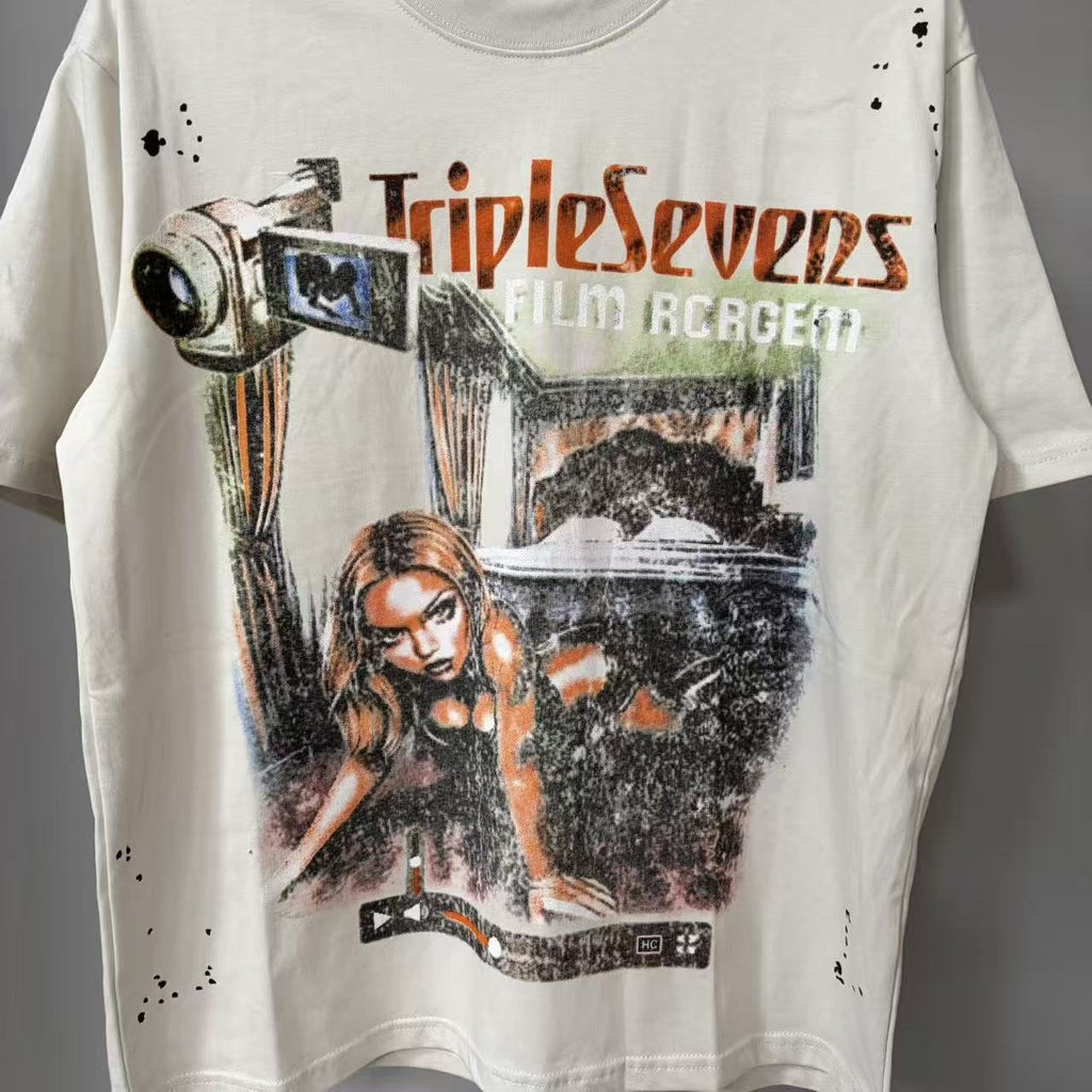 TRIPLE SEVENS Cream Front & Back Graphic T-Shirt — detail