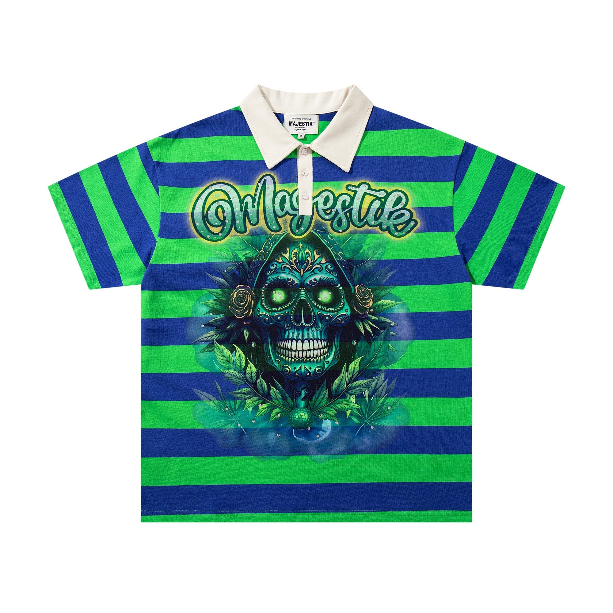 MAJESTIK Green/Blue Striped Skull Graphic Polo Shirt — hero