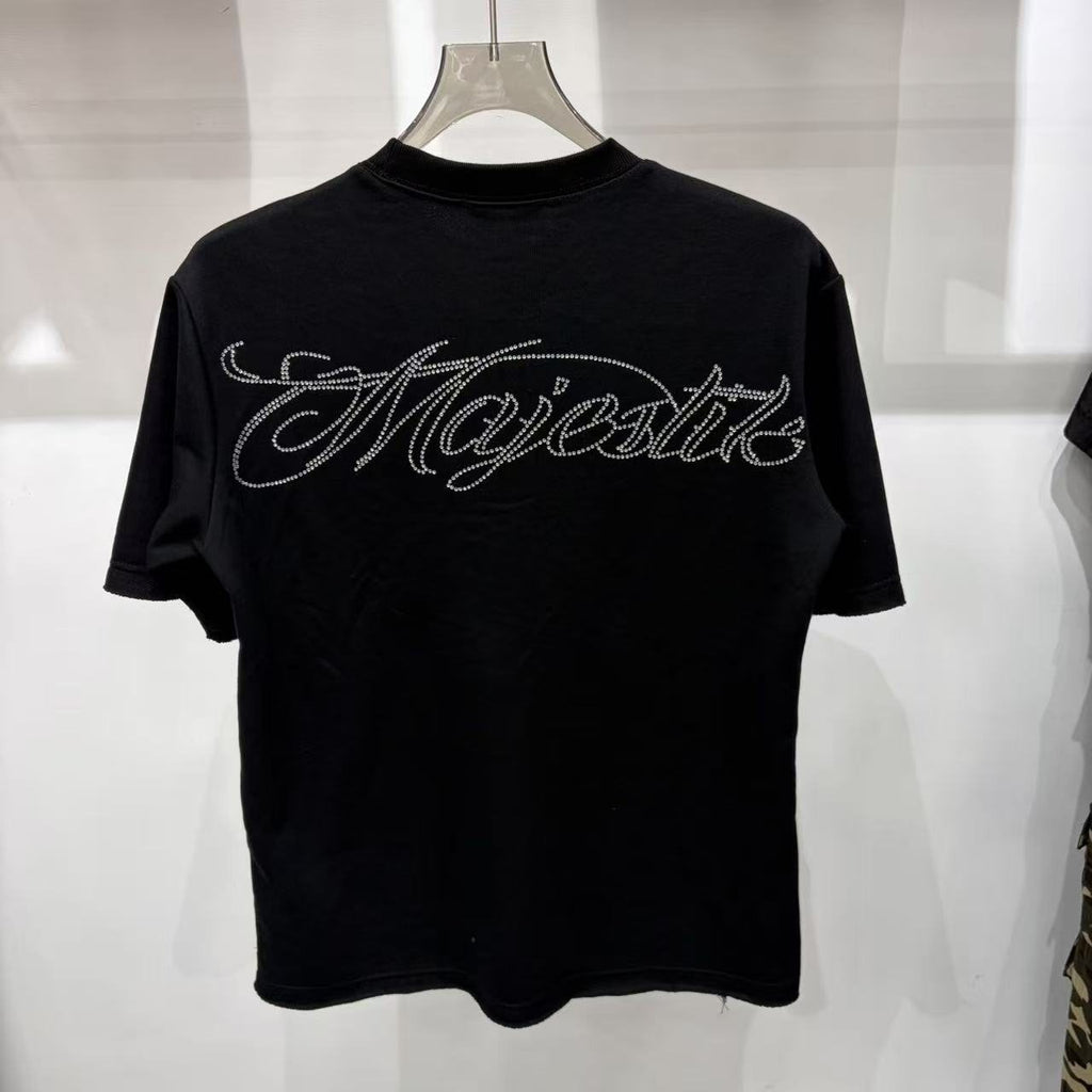 MAJESTIK Rhinestone-Style Script Graphic T-Shirt — front