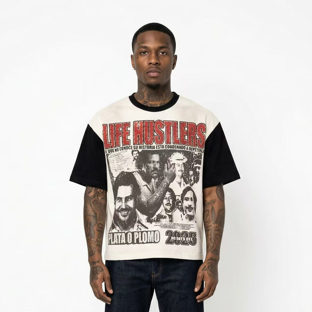 Life Hustlere Contrast-Sleeve Graphic T-Shirt — model