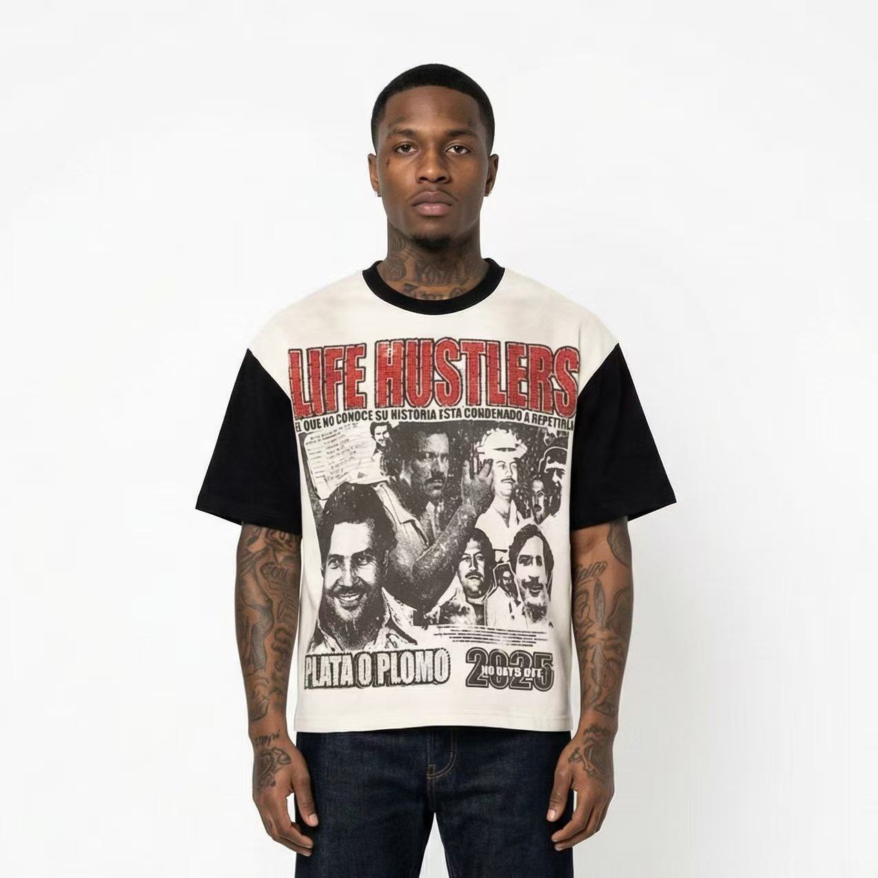Life Hustlere Contrast-Sleeve Graphic T-Shirt — model