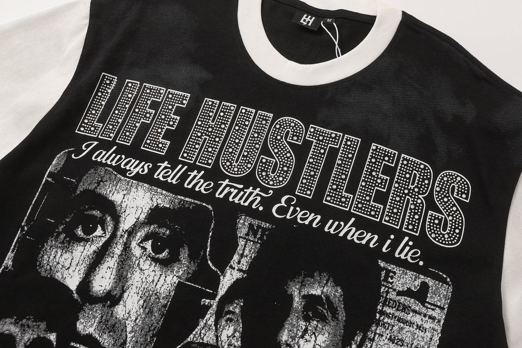 Life Hustlere Rhinestone Graphic Two-Tone T-Shirt — detail