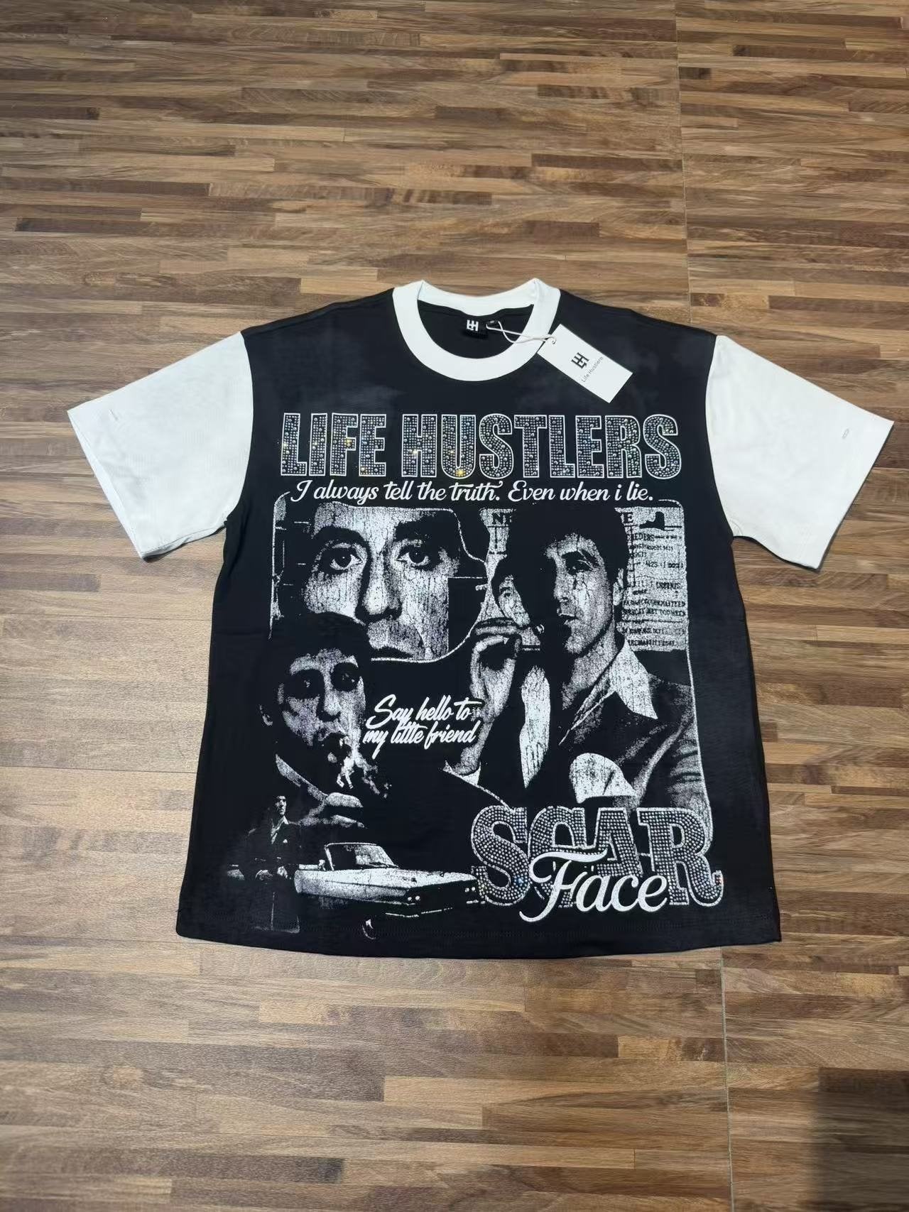Life Hustlere Rhinestone Graphic Two-Tone T-Shirt — front