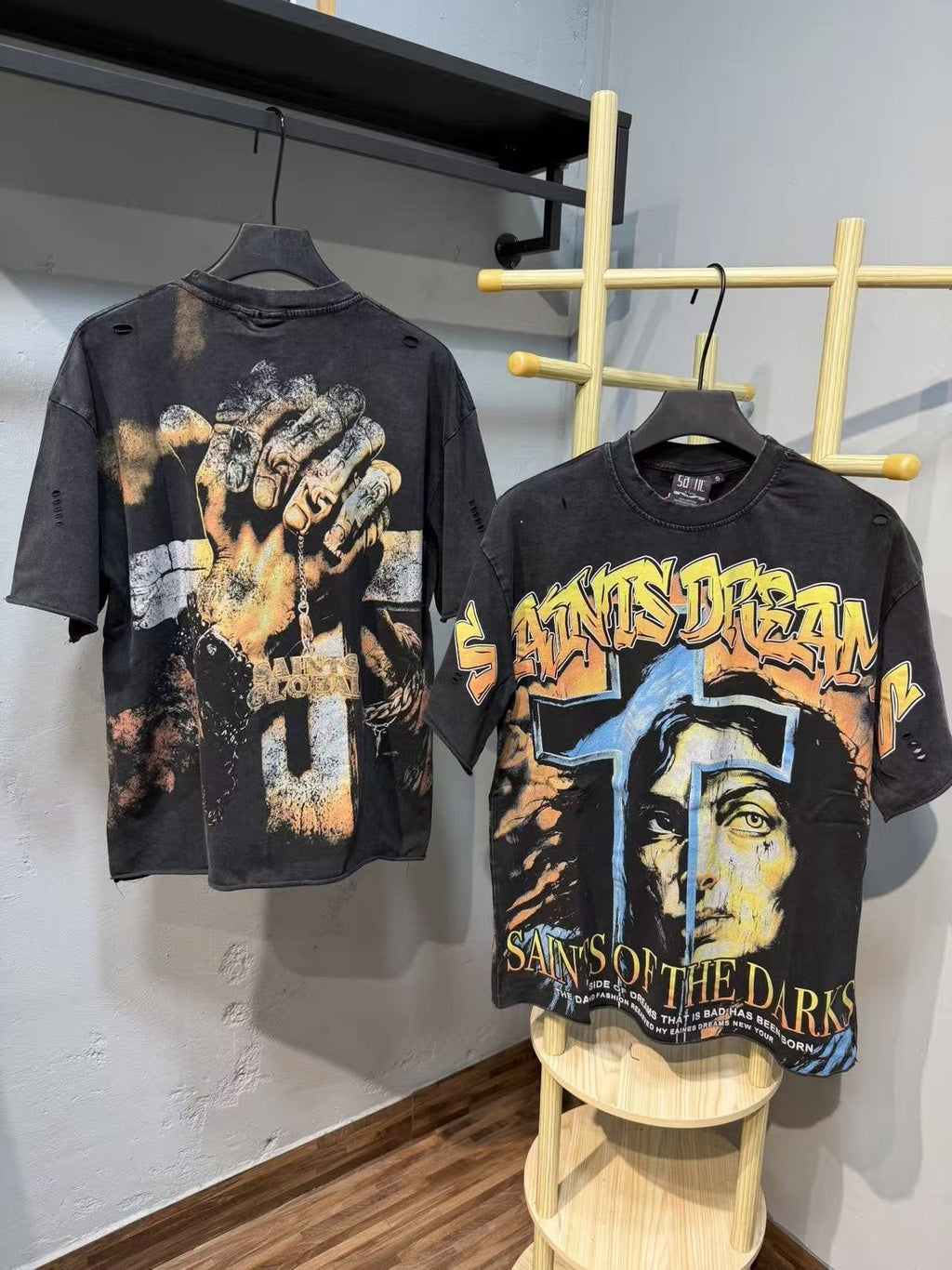 SAINT Washed Black Front & Back Graphic T-Shirt — context