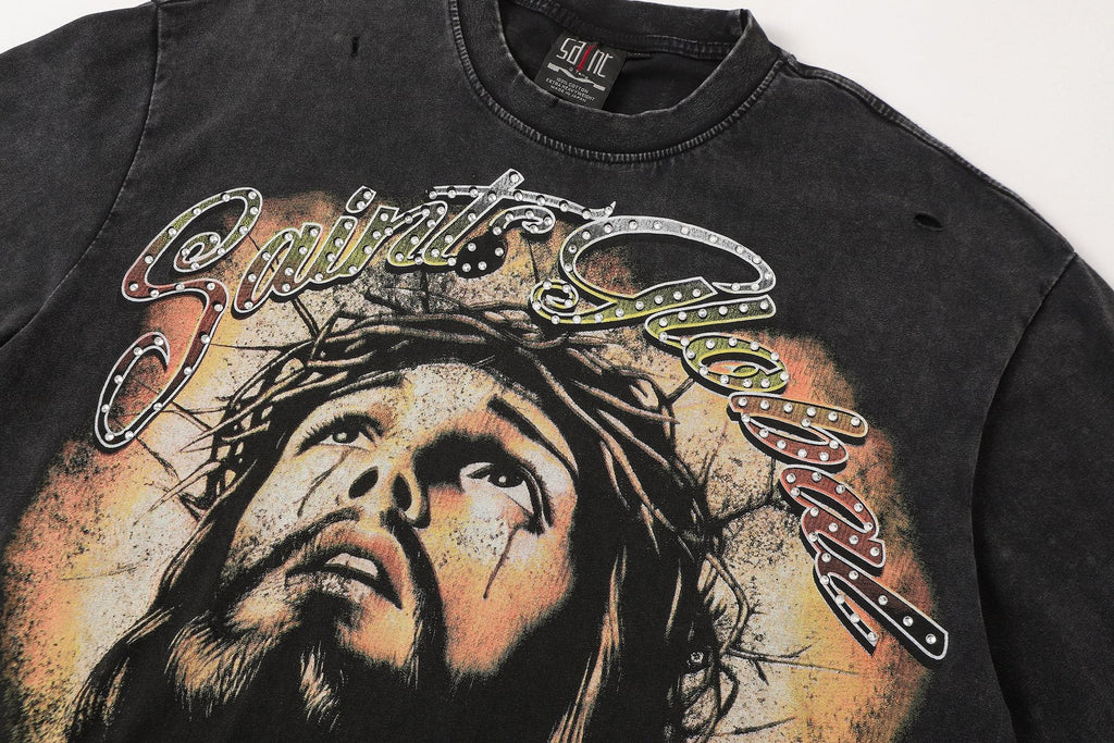 SAINT Jesus Graphic Washed Black T-Shirt — detail