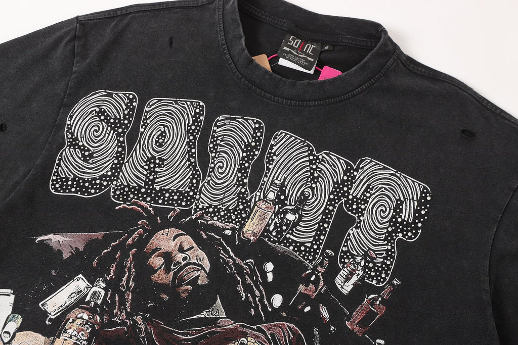 SAINT Free Alcohol Washed Black Graphic T-Shirt — detail