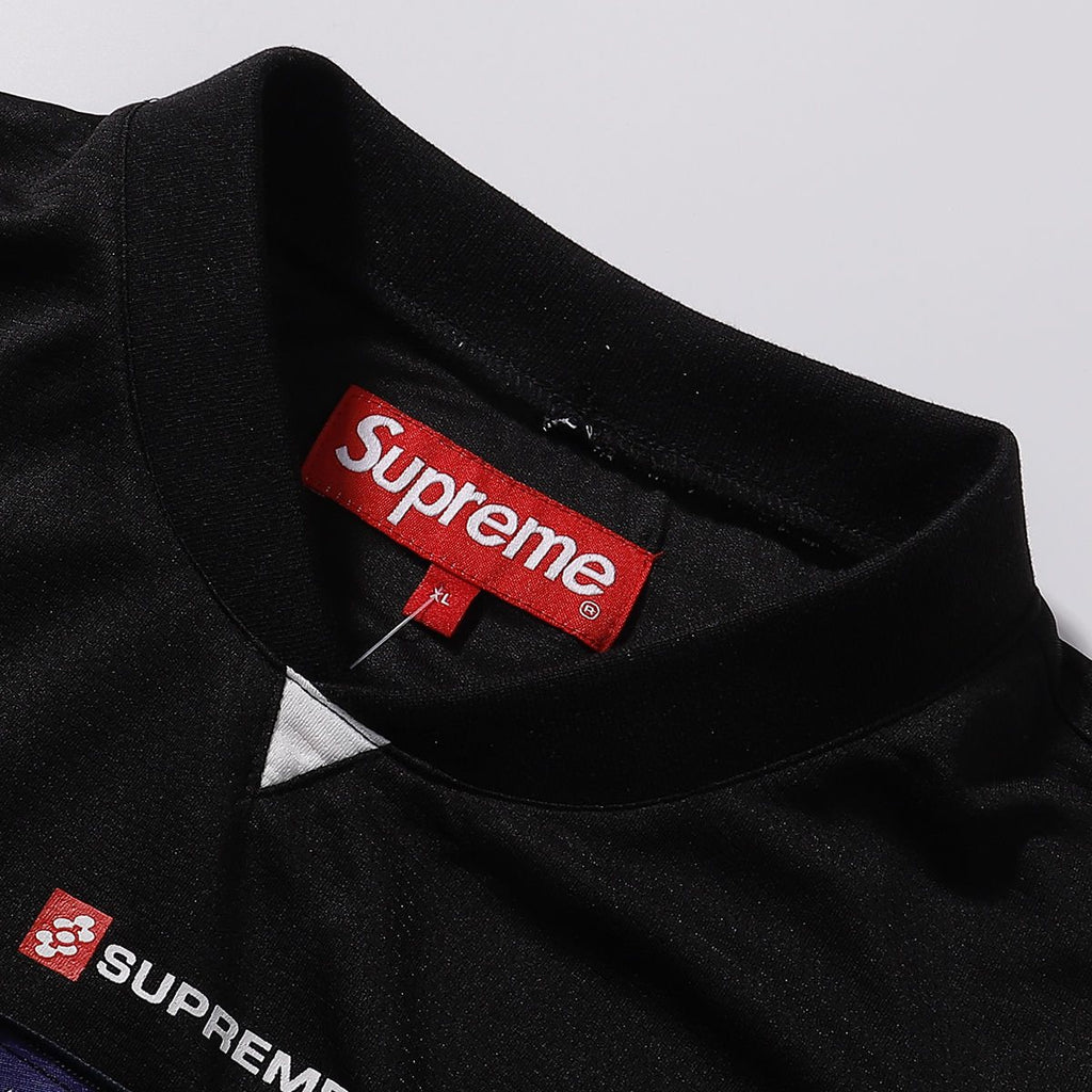 Supreme Black Soccer-Inspired Jersey Graphic T-Shirt — neck_label