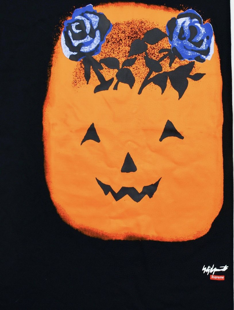 Supreme Pumpkin Face & Blue Rose Graphic T-Shirt — detail