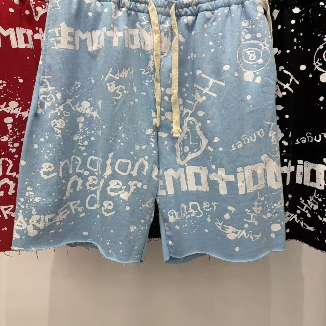 MIXED EMOTION Graffiti Paint Splatter Drawstring Shorts — front