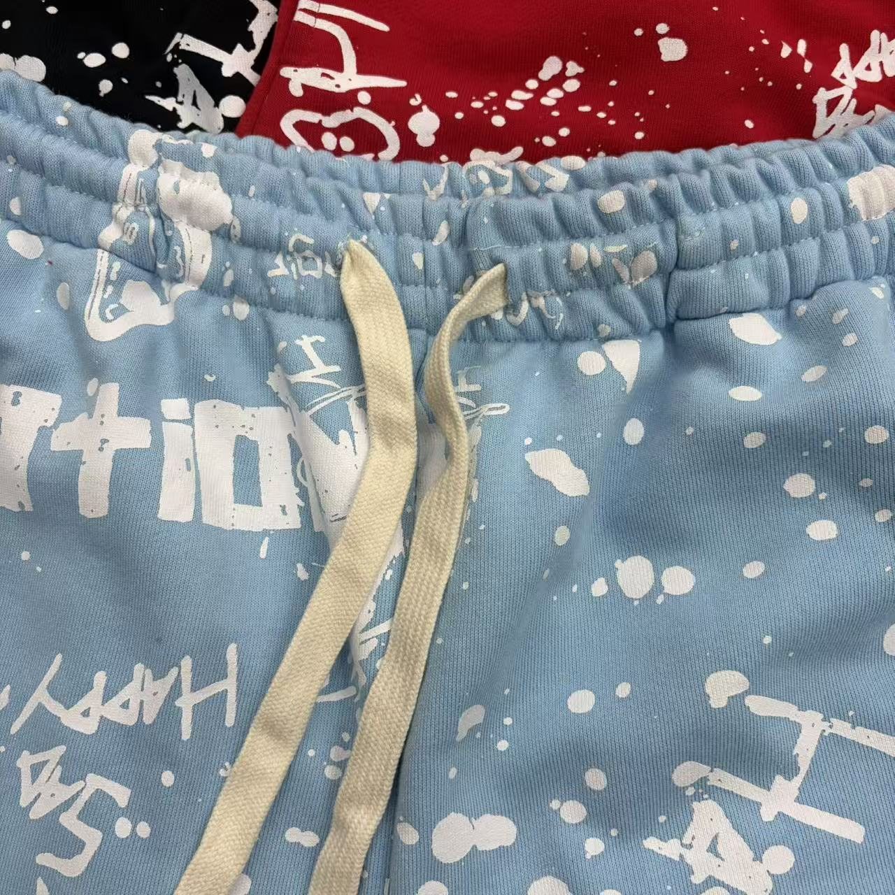MIXED EMOTION Graffiti Paint Splatter Drawstring Shorts — fabric_closeup