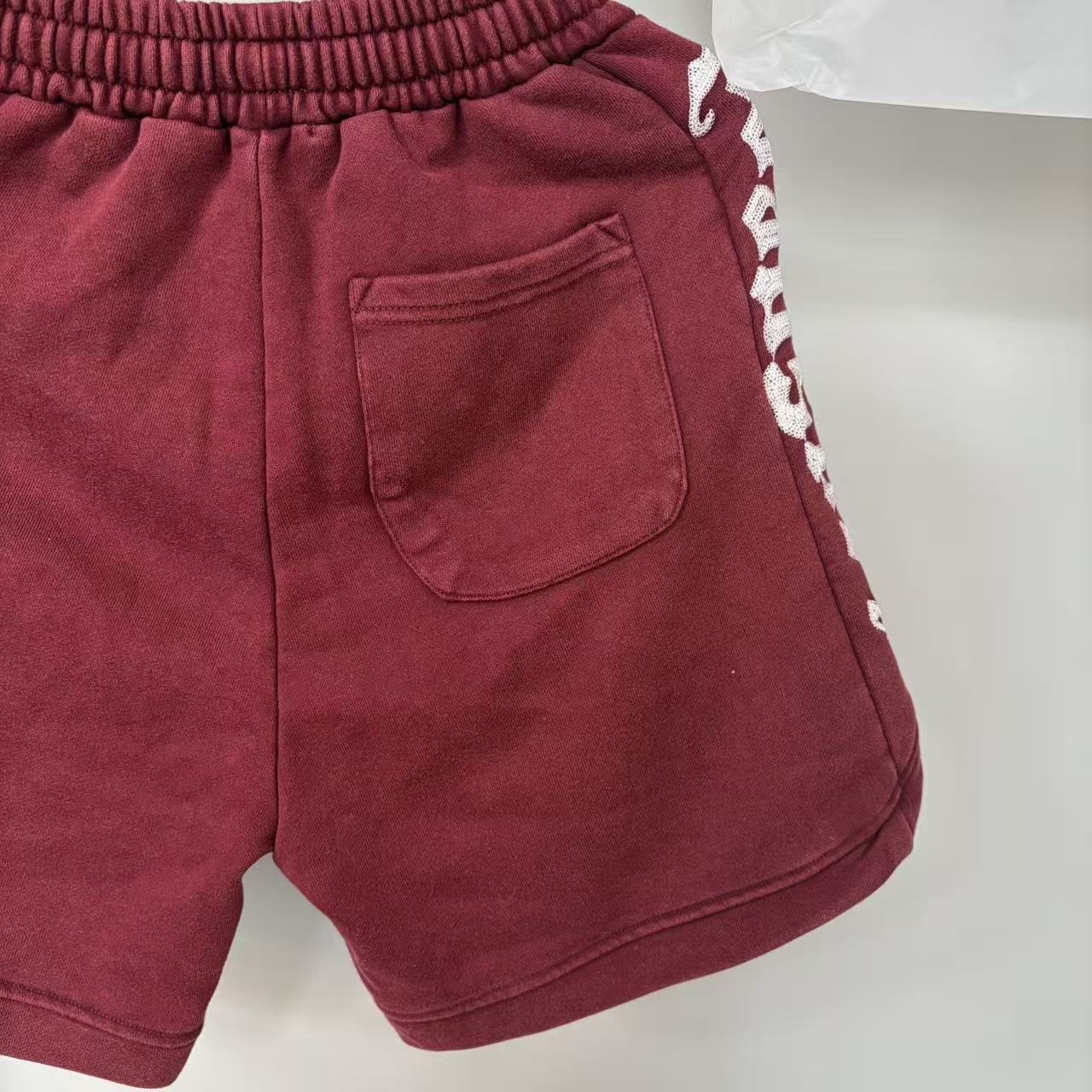 Godspeed Burgundy Side-Letter Graphic Shorts — detail