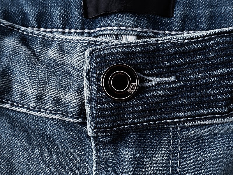 R+A Light Blue Paint-Splatter Patchwork Jeans — detail