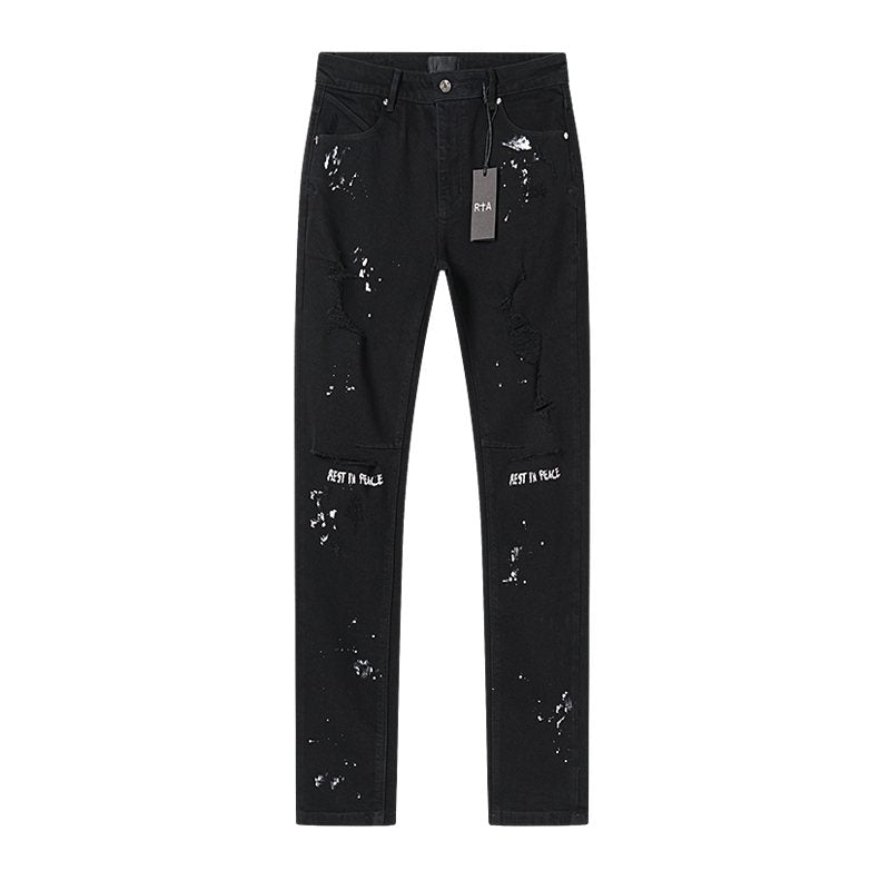 R+A Rest in Peace Cross Patch Paint-Splatter Jeans — hero
