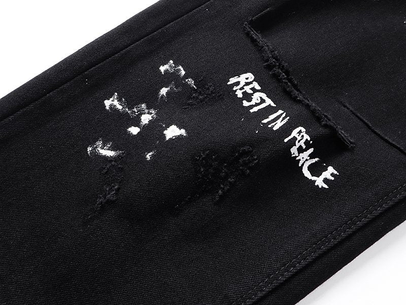 R+A Rest in Peace Cross Patch Paint-Splatter Jeans — detail