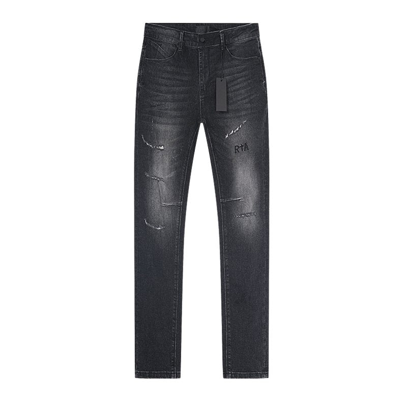 R+A Washed Black Distressed Logo Detail Jeans — front