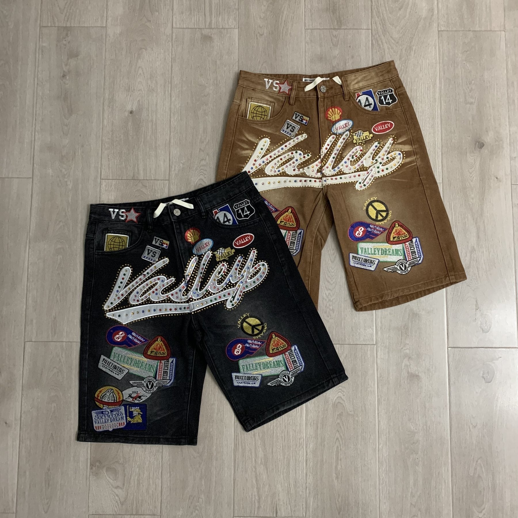 VALE 1980s Patch Rhinestone Denim Shorts — comparison