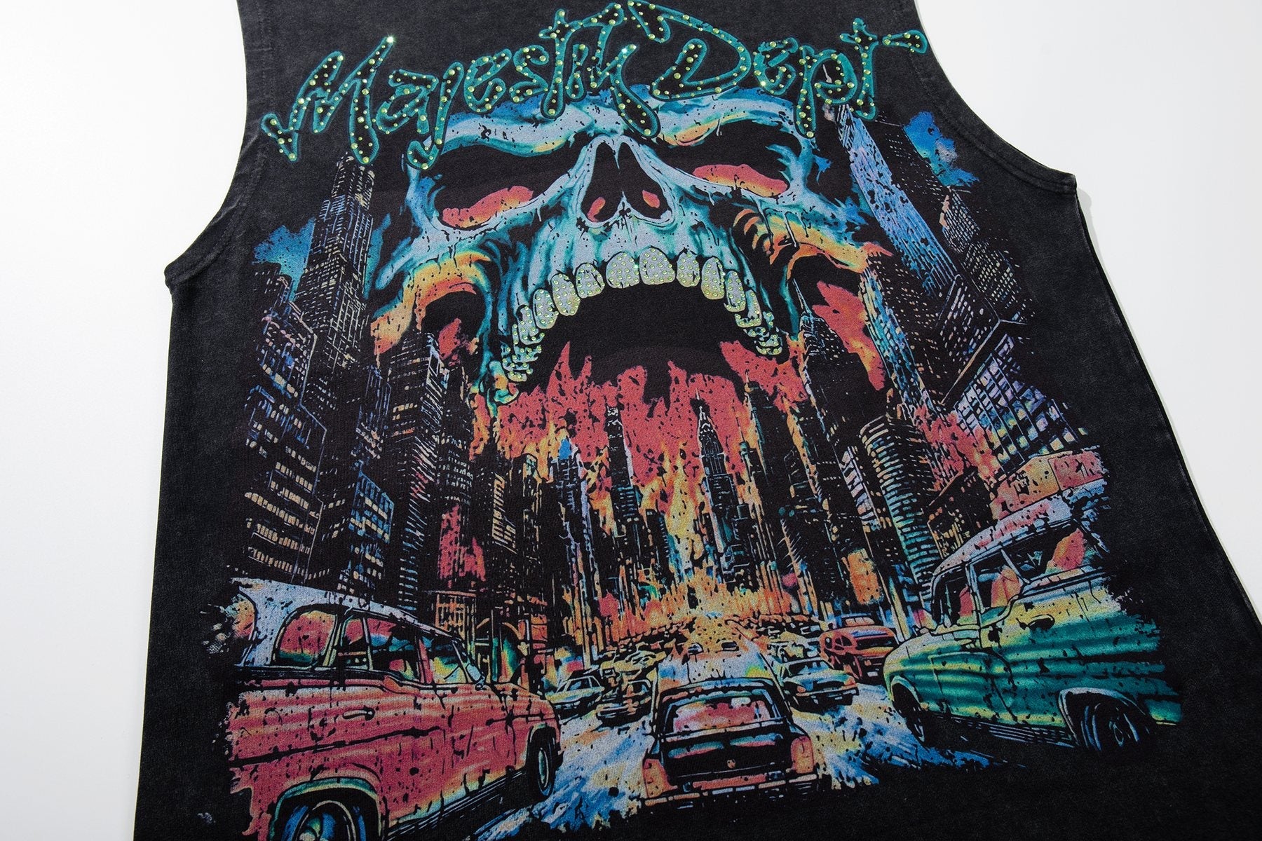MAJESTIK New York Skull Graphic Sleeveless T-Shirt — detail