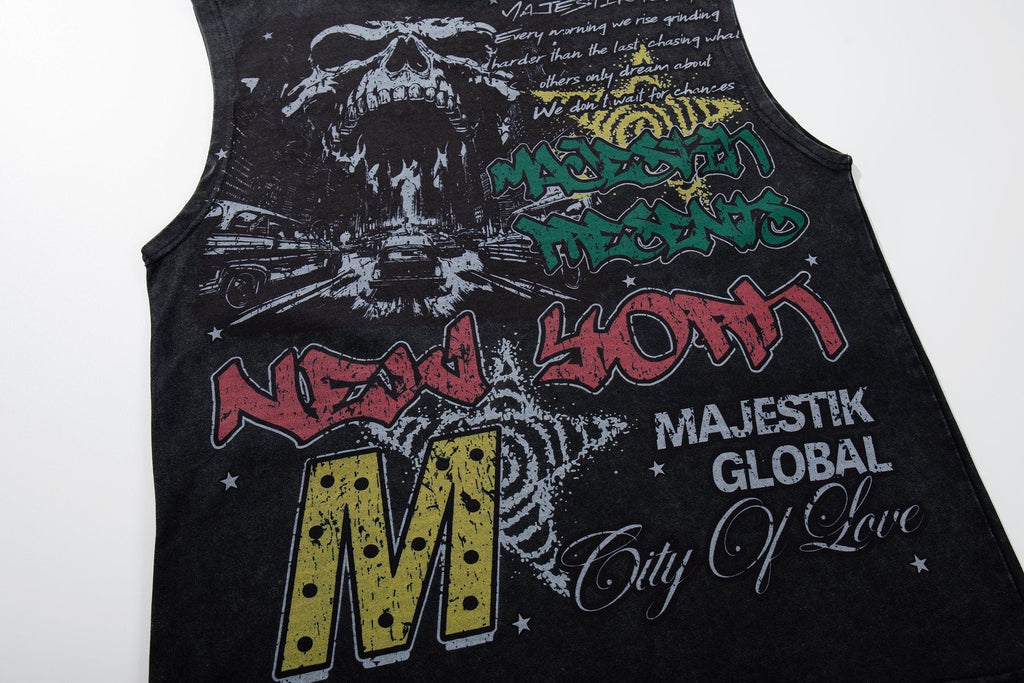MAJESTIK New York Skull Graphic Sleeveless T-Shirt — detail